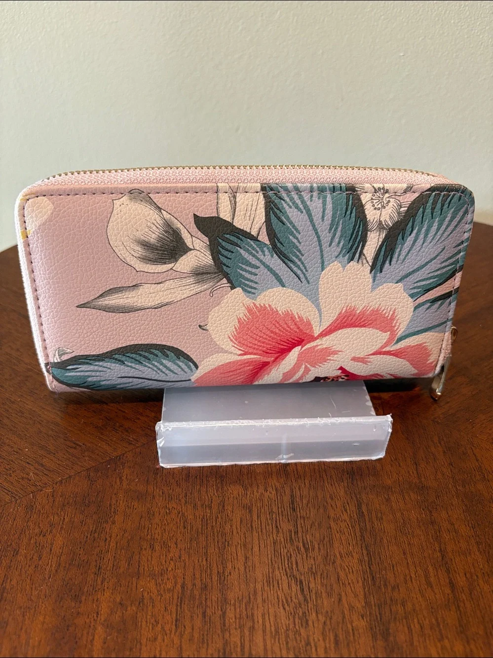 Floral Zip-Around Wallet Dusty Pink burgundy, green yellow cream/gold tone black